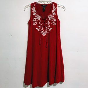 Embroidered Lace-up A-Line Dress